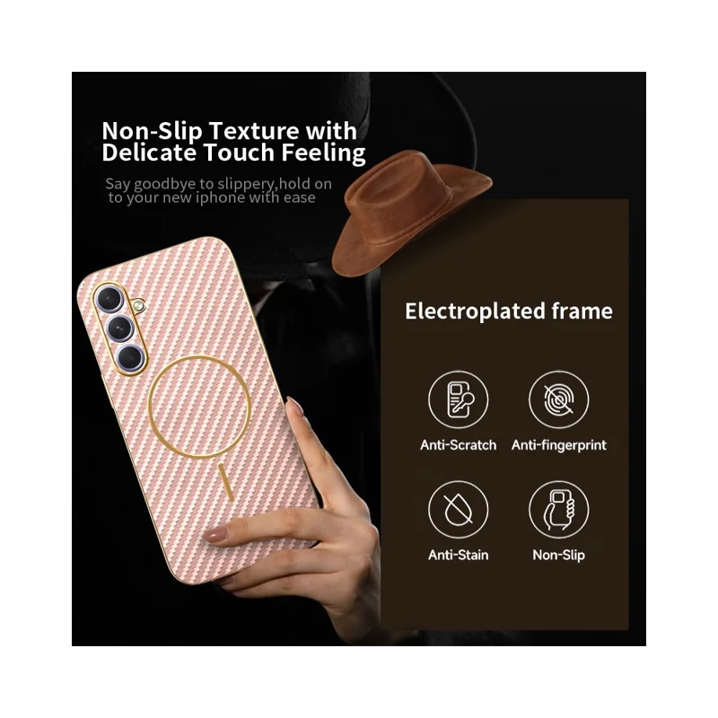 Voor Samsung Galaxy A55 5G telefoonhoesje met koolstofvezelstructuur en geëmailleerde TPU achterkant - Roze