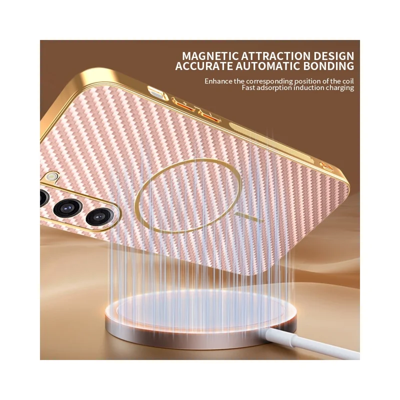 For Samsung Galaxy S23+ Phone Case Carbon Fiber Textured Electroplated TPU Back Cover - Pink