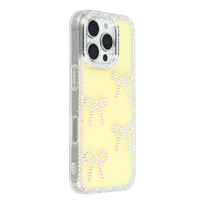 iPhone 16 Pro Hülle mit Rhinestone-Kante, Schmetterling-Bogen-Dekor, TPU + PC IMD Handyhülle - Glitzer-Hellgelb