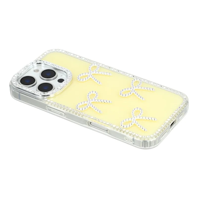 iPhone 16 Pro Hülle mit Rhinestone-Kante, Schmetterling-Bogen-Dekor, TPU + PC IMD Handyhülle - Glitzer-Hellgelb
