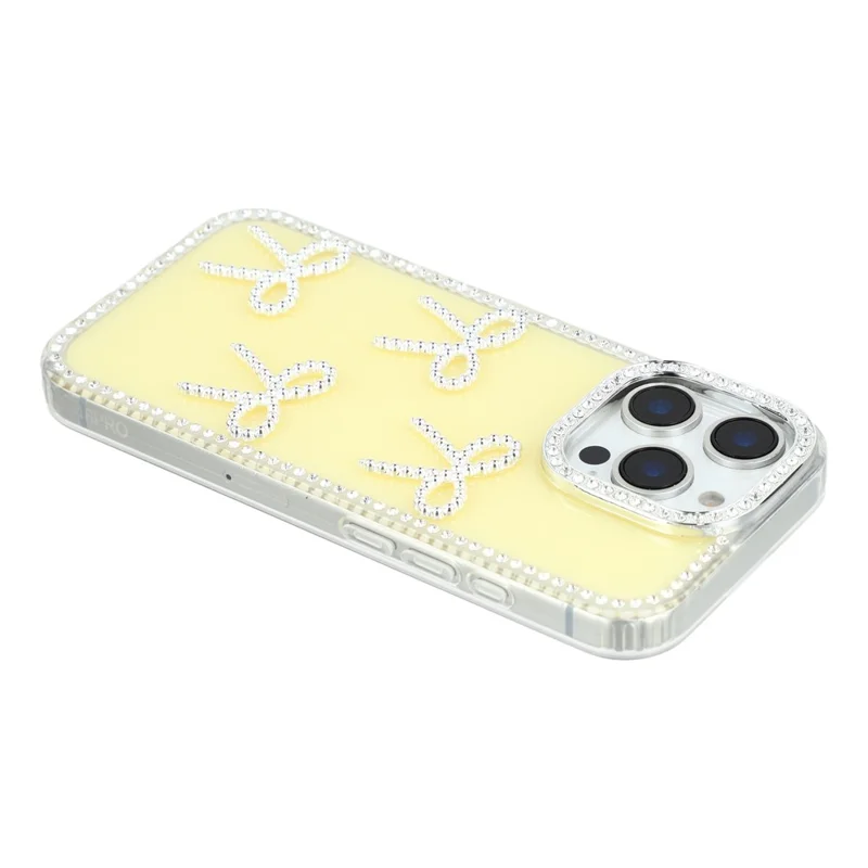 iPhone 16 Pro Hülle mit Rhinestone-Kante, Schmetterling-Bogen-Dekor, TPU + PC IMD Handyhülle - Glitzer-Hellgelb