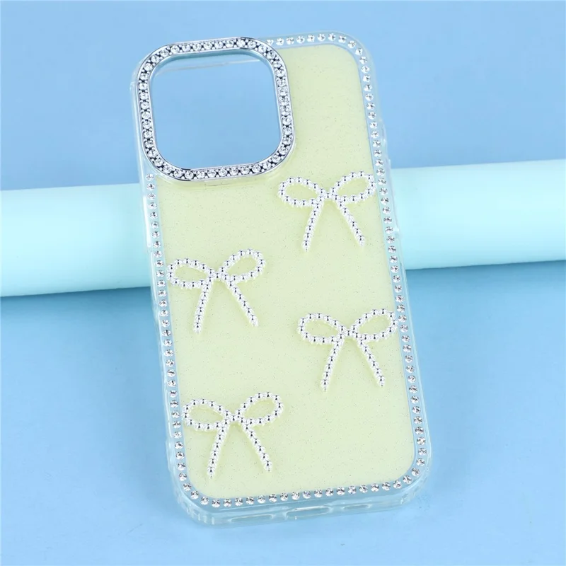 iPhone 16 Pro Hülle mit Rhinestone-Kante, Schmetterling-Bogen-Dekor, TPU + PC IMD Handyhülle - Glitzer-Hellgelb
