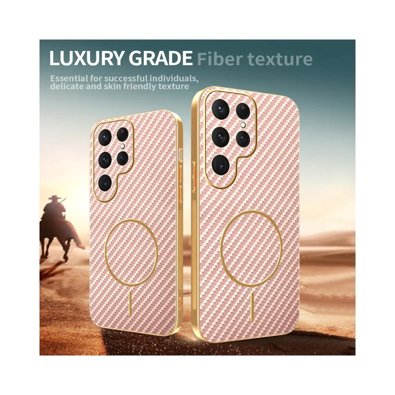 For Samsung Galaxy S23 Ultra Phone Case Carbon Fiber Textured Electroplated TPU Back Cover - Pink