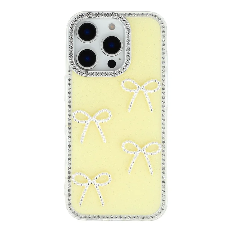 For iPhone 16 Pro Max Case Rhinestone Edge Butterfly Bow Decor TPU + PC IMD Phone Cover - Glitter Light Yellow