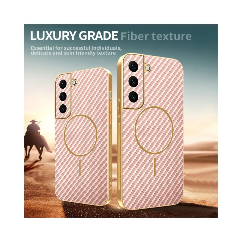 For Samsung Galaxy S22 5G Phone Case Carbon Fiber Textured Electroplated TPU Back Cover - Pink