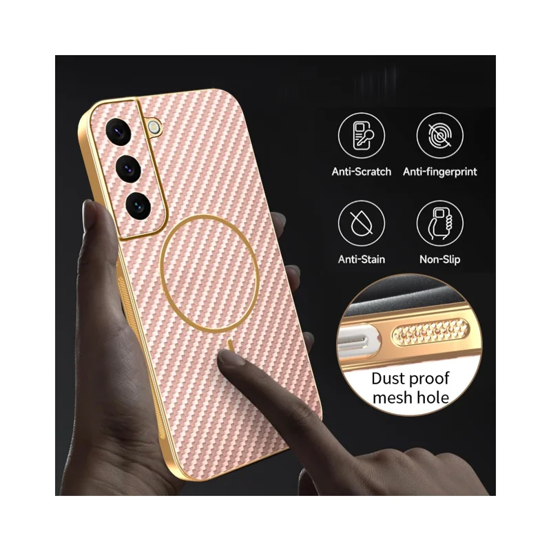 For Samsung Galaxy S22 5G Phone Case Carbon Fiber Textured Electroplated TPU Back Cover - Pink