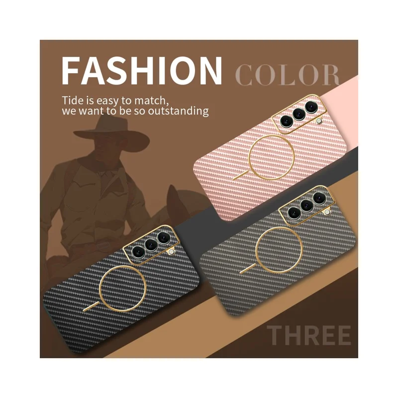 For Samsung Galaxy S22+ 5G Phone Case Carbon Fiber Textured Electroplated TPU Back Cover - Pink