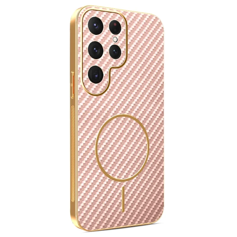 For Samsung Galaxy S24 Ultra Phone Case Carbon Fiber Textured Electroplated TPU Back Cover - Pink