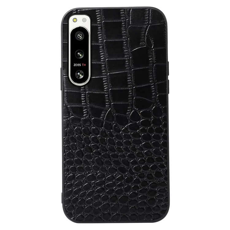 For Sony Xperia 5 IV 5G Crocodile Texture Anti-Shock Phone Case Genuine Cowhide Leather Coated PC+TPU Cover - Black