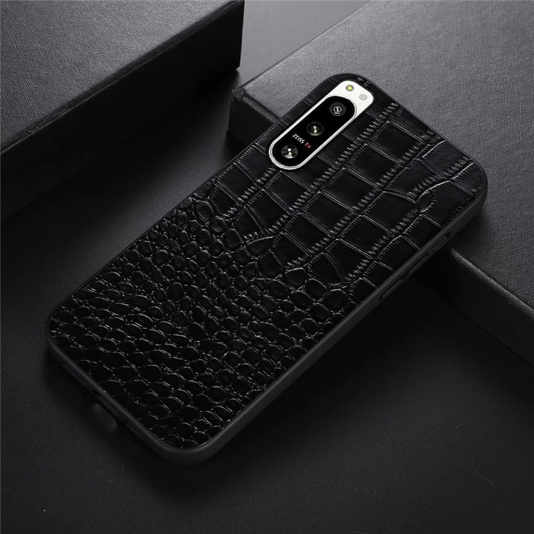 For Sony Xperia 5 IV 5G Crocodile Texture Anti-Shock Phone Case Genuine Cowhide Leather Coated PC+TPU Cover - Black