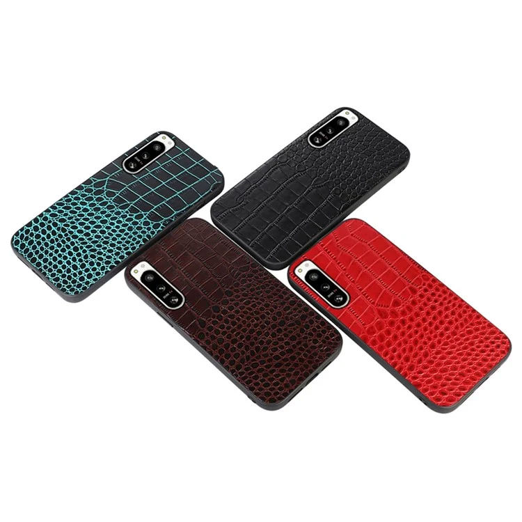 For Sony Xperia 5 IV 5G Crocodile Texture Anti-Shock Phone Case Genuine Cowhide Leather Coated PC+TPU Cover - Black