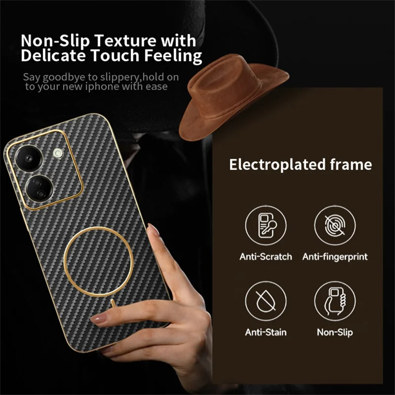 For Xiaomi Redmi 13C 4G / Poco C65 4G Phone Case Carbon Fiber Textured Electroplated TPU Back Cover - Black