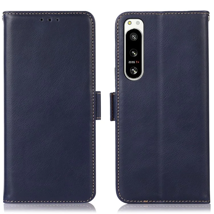 For Sony Xperia 5 IV 5G RFID Blocking Wallet Phone Case Crazy Horse Texture Genuine Cowhide Leather Magnetic Folio PU Leather Stand Flip Cover - Blue