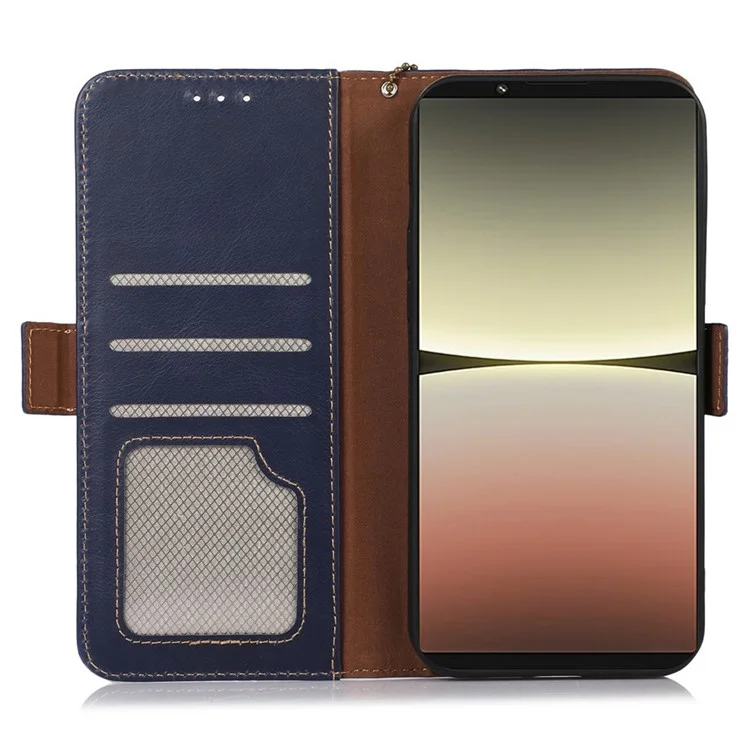 For Sony Xperia 5 IV 5G RFID Blocking Wallet Phone Case Crazy Horse Texture Genuine Cowhide Leather Magnetic Folio PU Leather Stand Flip Cover - Blue