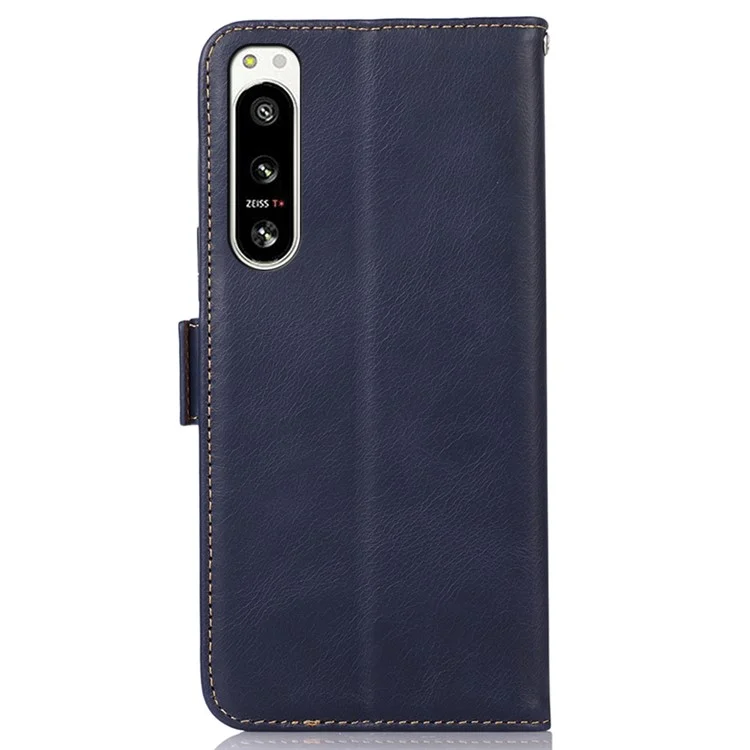For Sony Xperia 5 IV 5G RFID Blocking Wallet Phone Case Crazy Horse Texture Genuine Cowhide Leather Magnetic Folio PU Leather Stand Flip Cover - Blue