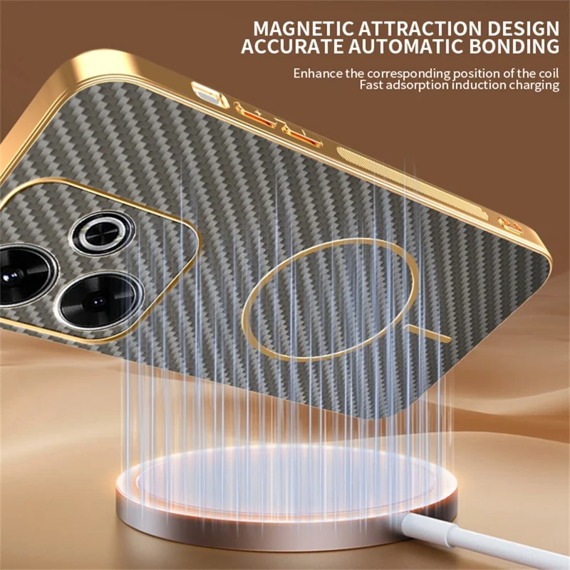 Custodia per telefono per Xiaomi Redmi 13 4G / 5G / Note 13R 5G / Poco M6 4G / M6 Plus 5G Texture in fibra di carbonio Custodia posteriore in TPU elettroplaccato - Caffè
