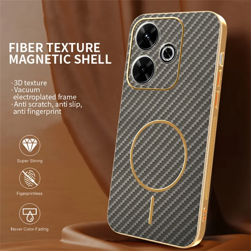 Custodia per telefono per Xiaomi Redmi 13 4G / 5G / Note 13R 5G / Poco M6 4G / M6 Plus 5G Texture in fibra di carbonio Custodia posteriore in TPU elettroplaccato - Caffè