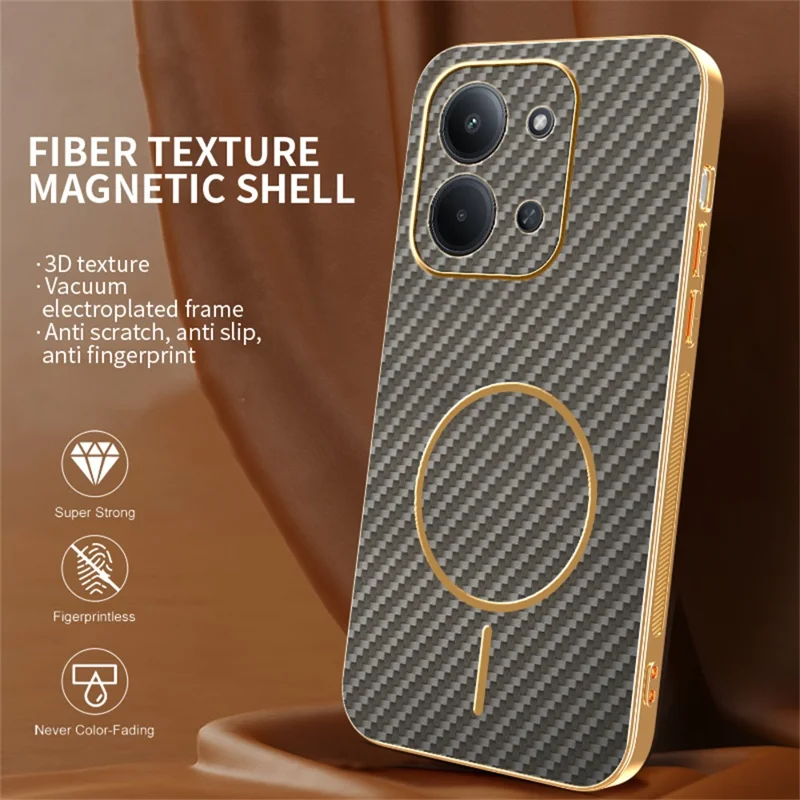 Étui de téléphone pour Xiaomi Redmi 15C 4G (UE) (173 mm) / 15C 5G (UE) (173 mm) / Poco C85 4G (173 mm) Couverture arrière en TPU avec texture en fibre de carbone électroplaquée - Café