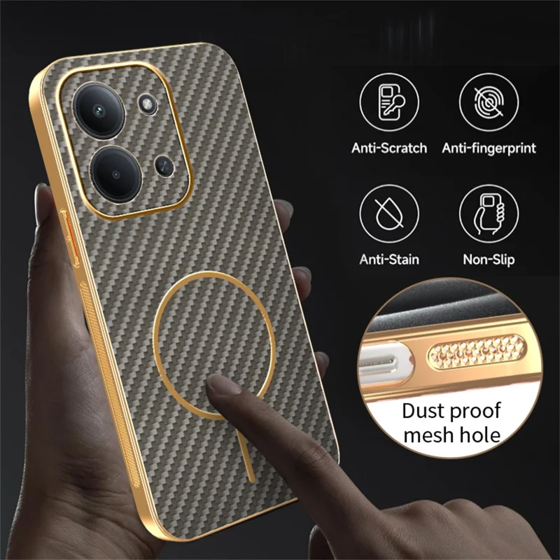 Étui de téléphone pour Xiaomi Redmi 15C 4G (UE) (173 mm) / 15C 5G (UE) (173 mm) / Poco C85 4G (173 mm) Couverture arrière en TPU avec texture en fibre de carbone électroplaquée - Café