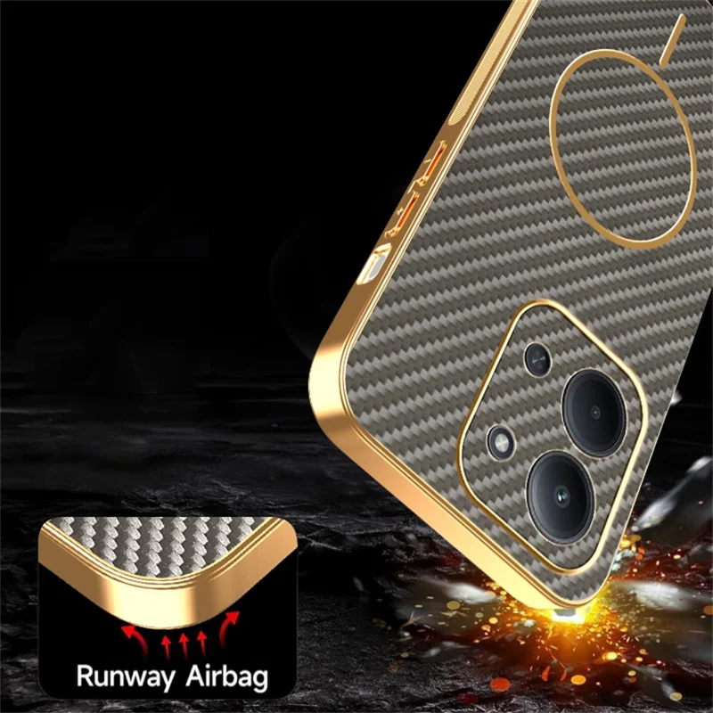 Étui de téléphone pour Xiaomi Redmi 15C 4G (UE) (173 mm) / 15C 5G (UE) (173 mm) / Poco C85 4G (173 mm) Couverture arrière en TPU avec texture en fibre de carbone électroplaquée - Café