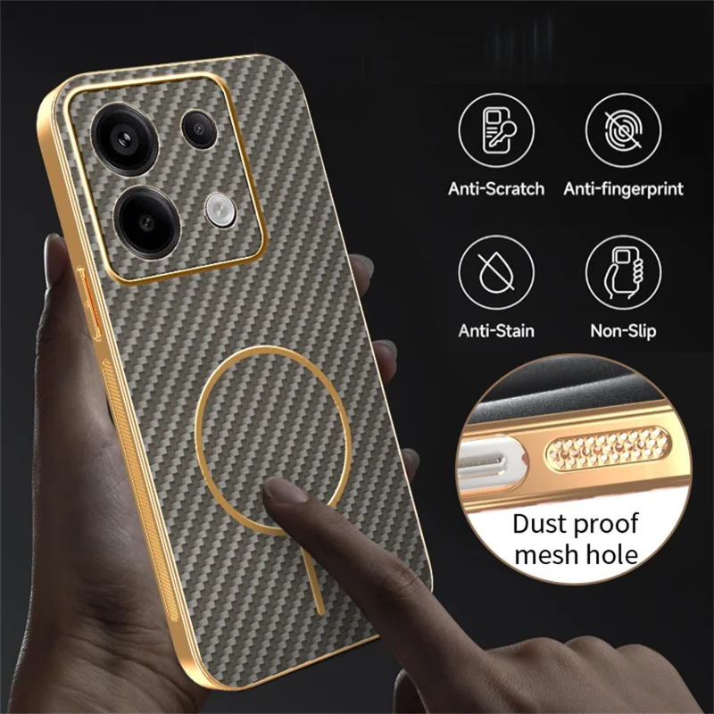 Funda de teléfono para Xiaomi Redmi Note 13 Pro 5G / Poco X6 5G / X6 Neo 5G Textura de fibra de carbono Cubierta trasera de TPU chapada - Café