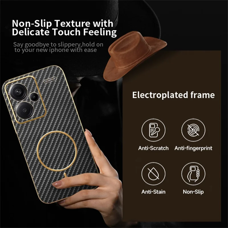 For Xiaomi Redmi Note 13 Pro+ 5G Phone Case Carbon Fiber Textured Electroplated TPU Back Cover - Black