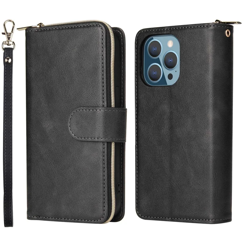For iPhone 14 Pro PU Leather Wallet Phone Case 9 Card Holder Slots Zipper Pocket Stand Flip Cover with Strap - Black