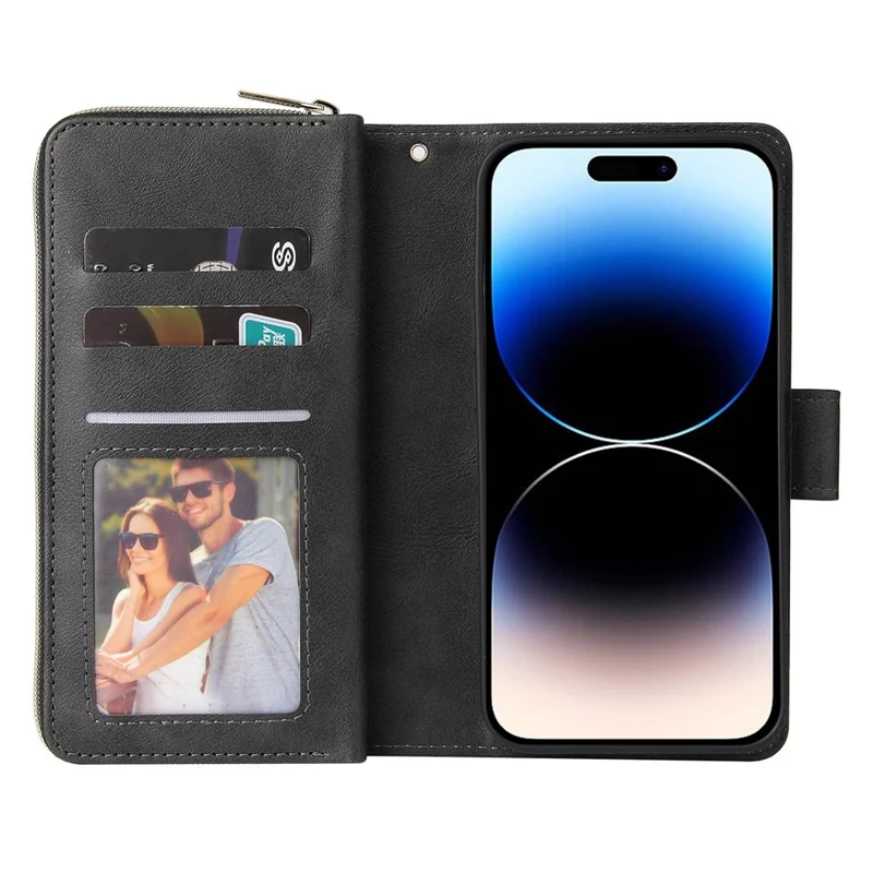 For iPhone 14 Pro PU Leather Wallet Phone Case 9 Card Holder Slots Zipper Pocket Stand Flip Cover with Strap - Black