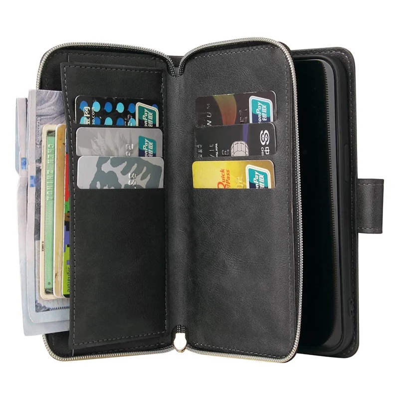 For iPhone 14 Pro PU Leather Wallet Phone Case 9 Card Holder Slots Zipper Pocket Stand Flip Cover with Strap - Black