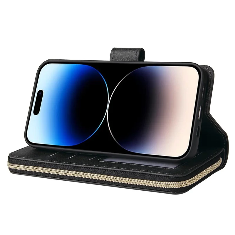 For iPhone 14 Pro PU Leather Wallet Phone Case 9 Card Holder Slots Zipper Pocket Stand Flip Cover with Strap - Black