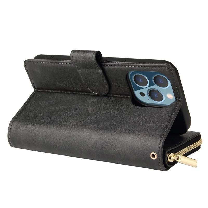 For iPhone 14 Pro PU Leather Wallet Phone Case 9 Card Holder Slots Zipper Pocket Stand Flip Cover with Strap - Black