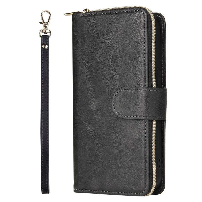 For iPhone 14 Pro PU Leather Wallet Phone Case 9 Card Holder Slots Zipper Pocket Stand Flip Cover with Strap - Black