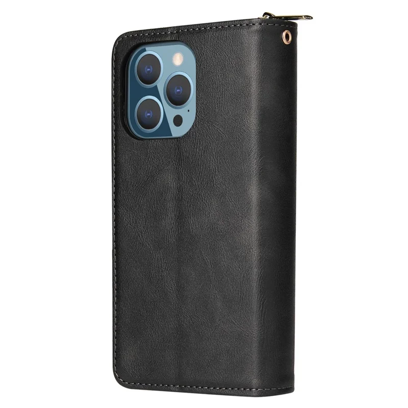 For iPhone 14 Pro PU Leather Wallet Phone Case 9 Card Holder Slots Zipper Pocket Stand Flip Cover with Strap - Black