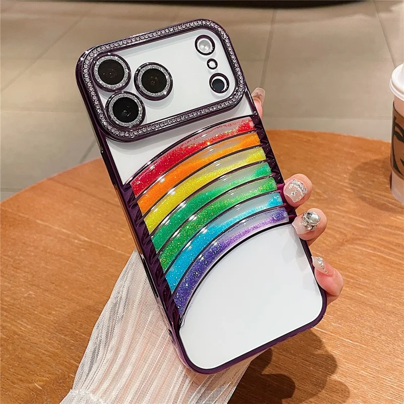 For iPhone 17 Pro Max Case Rhinestone Decor Rainbow Quicksand TPU Acrylic Phone Back Cover - Purple