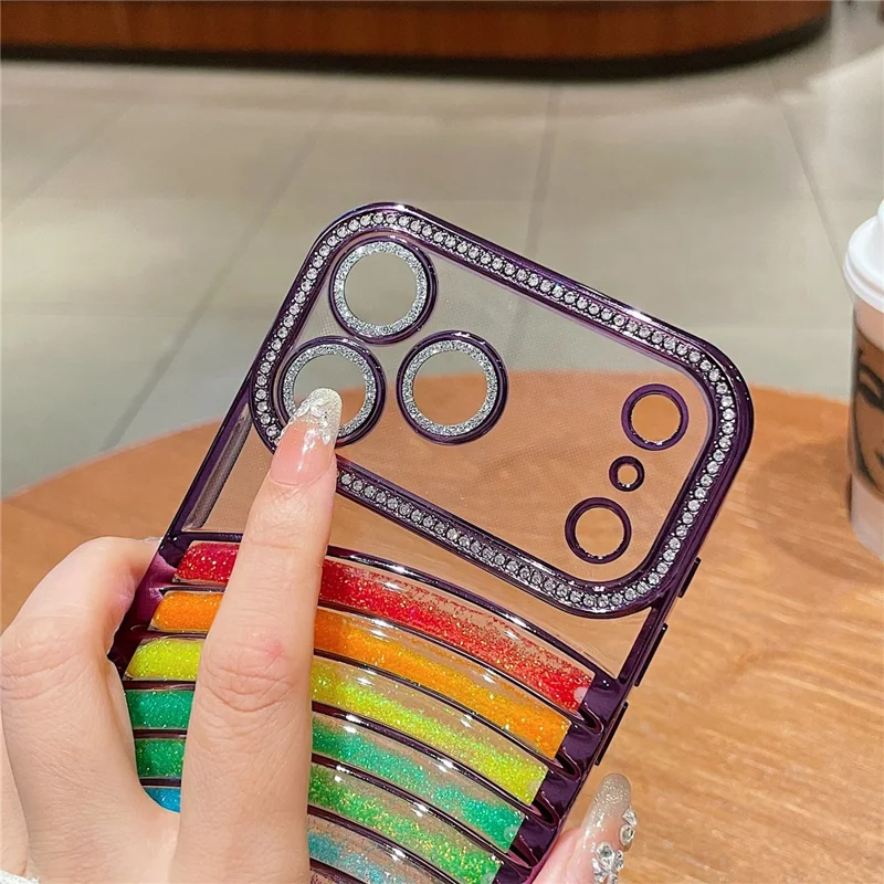 For iPhone 17 Pro Max Case Rhinestone Decor Rainbow Quicksand TPU Acrylic Phone Back Cover - Purple