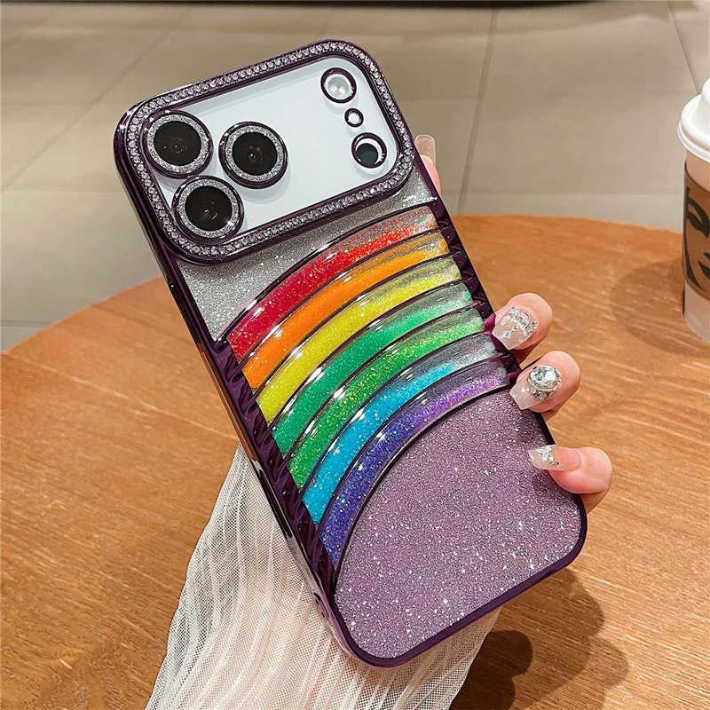 For iPhone 17 Pro Max Case Rhinestone Decor Glitter Rainbow Quicksand TPU Acrylic Phone Back Cover - Purple