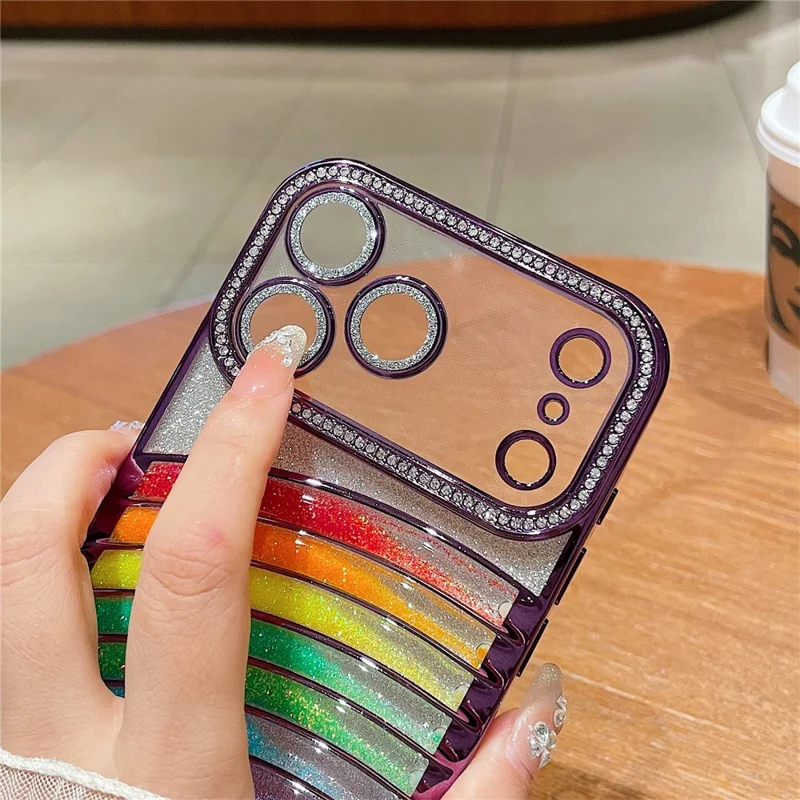 For iPhone 17 Pro Max Case Rhinestone Decor Glitter Rainbow Quicksand TPU Acrylic Phone Back Cover - Purple