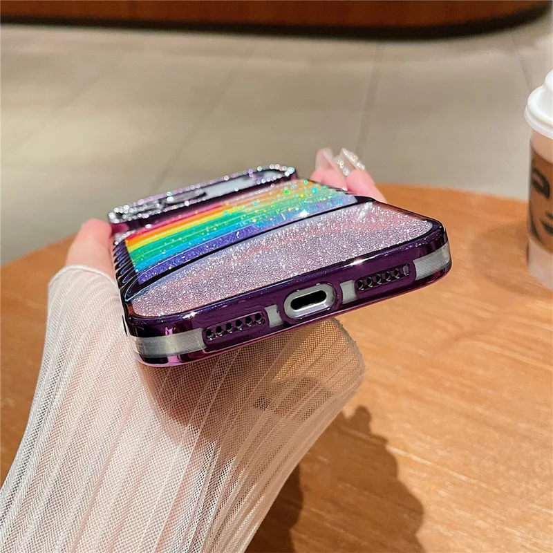 For iPhone 17 Pro Max Case Rhinestone Decor Glitter Rainbow Quicksand TPU Acrylic Phone Back Cover - Purple