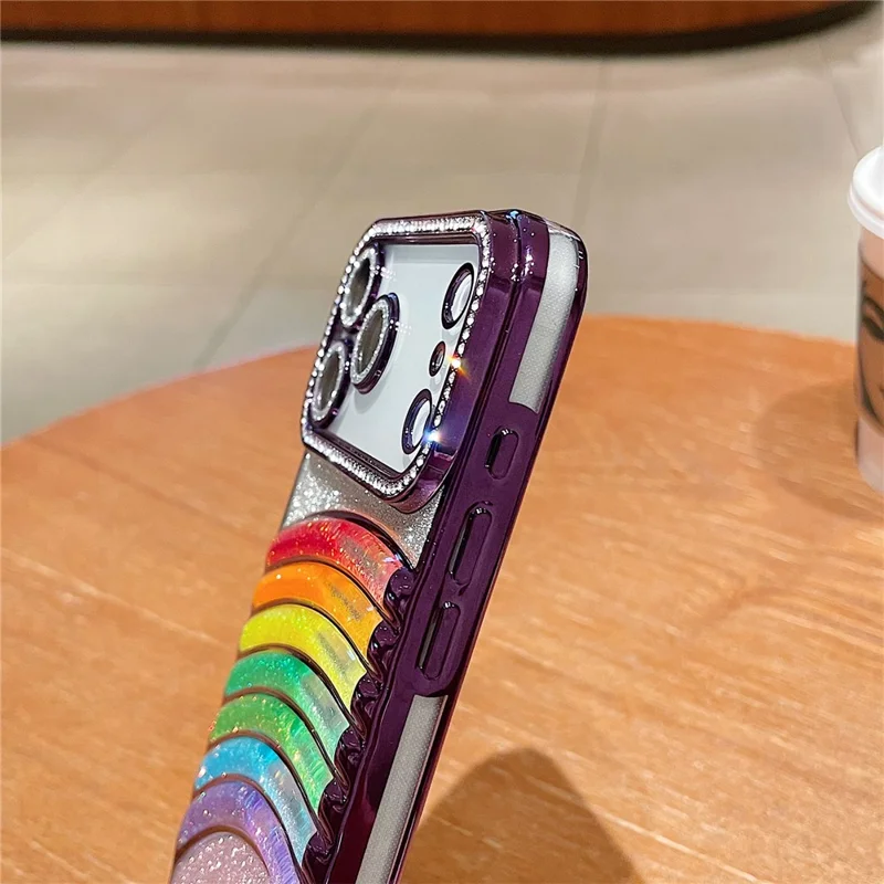 For iPhone 17 Pro Max Case Rhinestone Decor Glitter Rainbow Quicksand TPU Acrylic Phone Back Cover - Purple