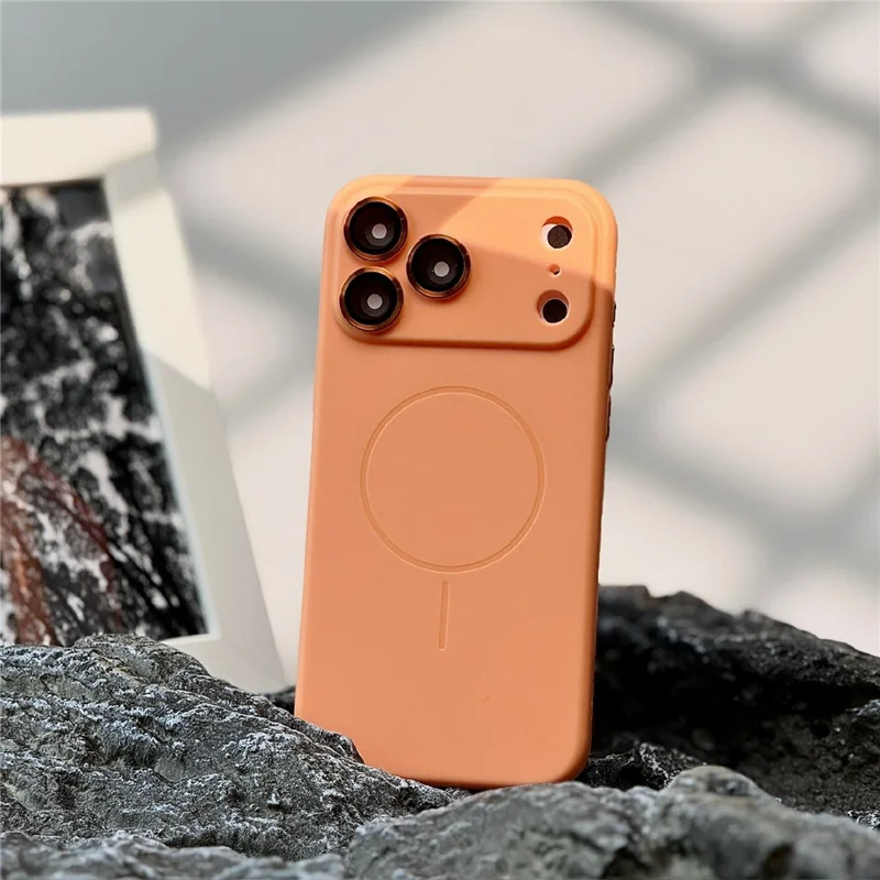 Funda magnética para iPhone 17 Pro Matte Skin Touch TPU Cubierta trasera del teléfono con película de vidrio templado para lente - Naranja