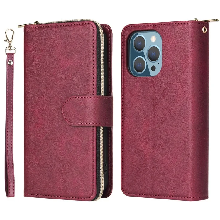 Case de Teléfono a Prueba de Gota Para Iphone 13 Pro 6.1 Pulgadas, Flip Stand Wallet PU Leather Magnetic Zipper Pocket Cover 9 Ranuras de Tarjetas Con Correa - Vino Rojo