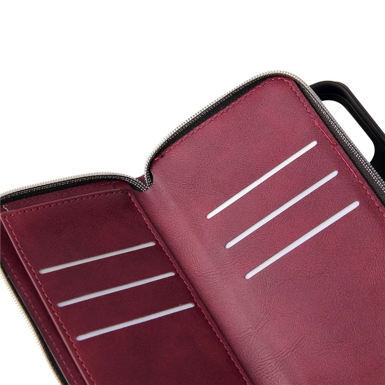 Case de Teléfono a Prueba de Gota Para Iphone 13 Pro 6.1 Pulgadas, Flip Stand Wallet PU Leather Magnetic Zipper Pocket Cover 9 Ranuras de Tarjetas Con Correa - Vino Rojo