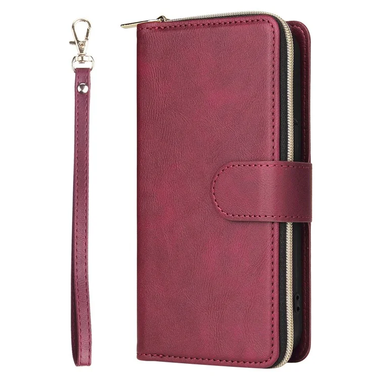 Case de Teléfono a Prueba de Gota Para Iphone 13 Pro 6.1 Pulgadas, Flip Stand Wallet PU Leather Magnetic Zipper Pocket Cover 9 Ranuras de Tarjetas Con Correa - Vino Rojo