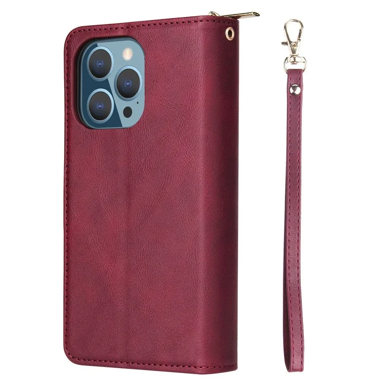 Case de Teléfono a Prueba de Gota Para Iphone 13 Pro 6.1 Pulgadas, Flip Stand Wallet PU Leather Magnetic Zipper Pocket Cover 9 Ranuras de Tarjetas Con Correa - Vino Rojo