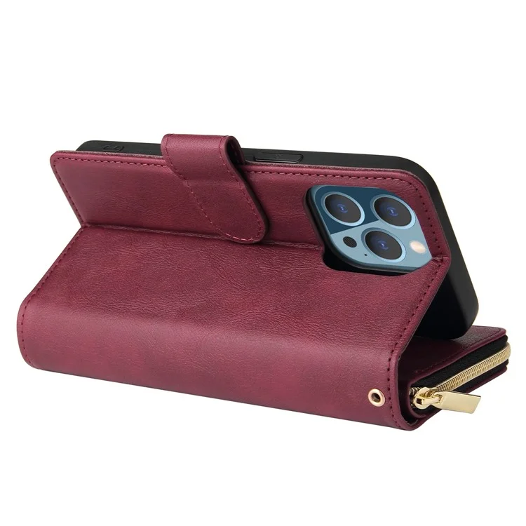 Case de Teléfono a Prueba de Gota Para Iphone 13 Pro 6.1 Pulgadas, Flip Stand Wallet PU Leather Magnetic Zipper Pocket Cover 9 Ranuras de Tarjetas Con Correa - Vino Rojo