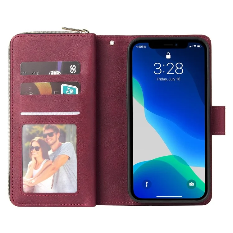 Case de Teléfono a Prueba de Gota Para Iphone 13 Pro 6.1 Pulgadas, Flip Stand Wallet PU Leather Magnetic Zipper Pocket Cover 9 Ranuras de Tarjetas Con Correa - Vino Rojo
