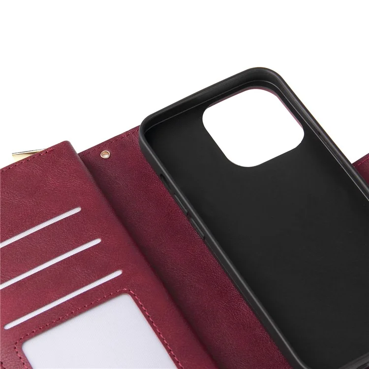Case de Teléfono a Prueba de Gota Para Iphone 13 Pro 6.1 Pulgadas, Flip Stand Wallet PU Leather Magnetic Zipper Pocket Cover 9 Ranuras de Tarjetas Con Correa - Vino Rojo