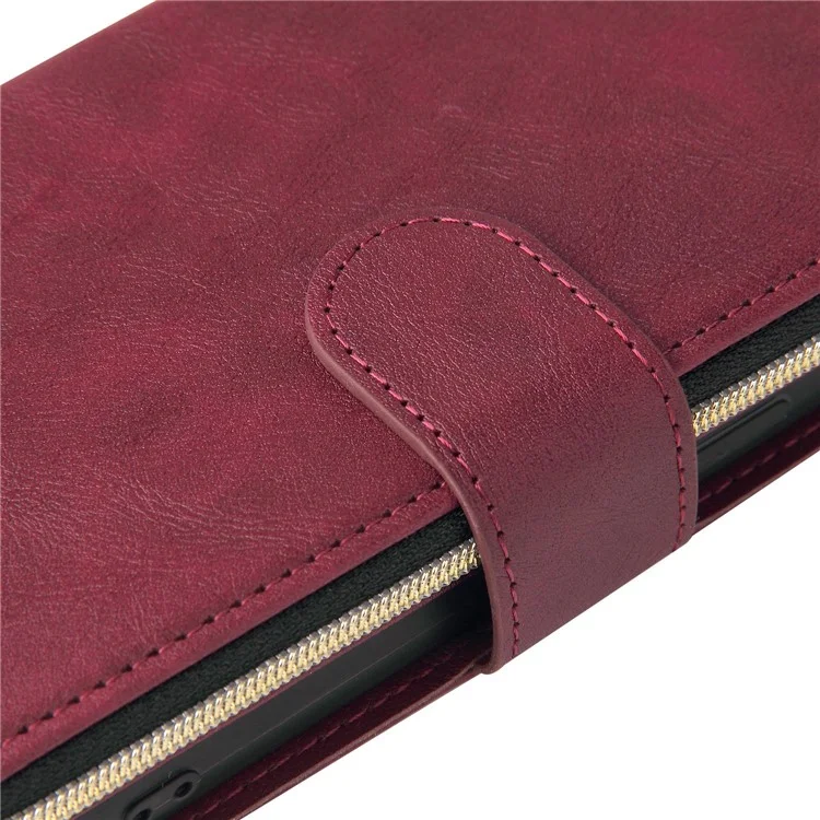 Case de Teléfono a Prueba de Gota Para Iphone 13 Pro 6.1 Pulgadas, Flip Stand Wallet PU Leather Magnetic Zipper Pocket Cover 9 Ranuras de Tarjetas Con Correa - Vino Rojo