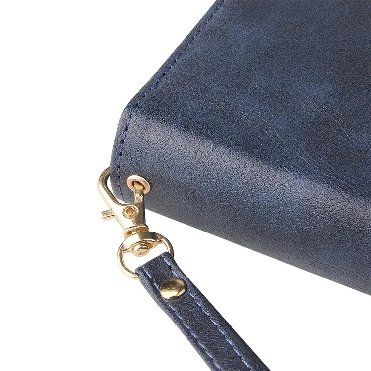 Anti-scratch PU Leather Phone Case For iPhone 14 Plus, 9 Card Holder Slots Magnetic Closure Zipper Pocket Flip Wallet Cover Stand with Strap - Blue