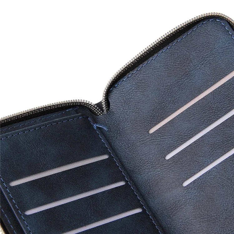Anti-scratch PU Leather Phone Case For iPhone 14 Plus, 9 Card Holder Slots Magnetic Closure Zipper Pocket Flip Wallet Cover Stand with Strap - Blue